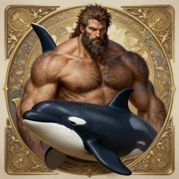 portrait of a rugged killer whale warrior, muscular, upper body, hairy torso, D&D, fantasy, intricate, elegant, highly detailed, digital painting, artstation, concept art, matte, sharp focus, illustration, art by Artgerm and Greg Rutkowski and Alphonse Mucha