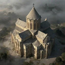 monolithic church, stone hewn, krak de chevalier, epic scale, enormous towers, aerial view, matte painting, dramatic lighting, fog, dark souls, artstation