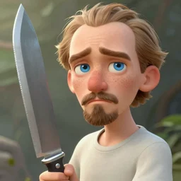 art young lenin with giant knife \, light blue eyes, pale skin, freckles, sad expression, t - shirt, modern casual clothing, natural lighting, path traced, highly detailed, high quality, cartoon, digital painting, by don bluth and ross tran and studio ghibli and alphonse mucha