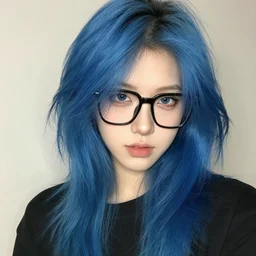 an alternative young woman with messy blue hair, pale, black glasses