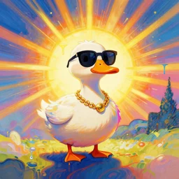 a cool duck in vast cyberspace glitching through the sunshine, sunburst background, wearing sunglasses, gold necklace, vibrant colors, glitchy, rule of thirds, spotlight, drips of paint, expressive, passionate, by francoise nielly, by van gogh, digital painting