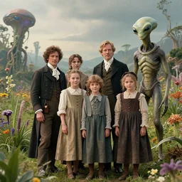 still from a sci fi blockbuster movie made in 2022, set in 1860, of a family standing next to some strange wild alien plants and flowers, family are wearing 1850s era clothes, a humanoid alien standing nearby, in a park on a strange alien planet, good lighting, 4k, in focus faces, detailed faces, good photography, oscar winner