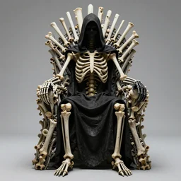 a throne made of skeletons and bones strung together, a 7 foot tall black hooded man sits on the thrown, arm outreached with a clawed hand