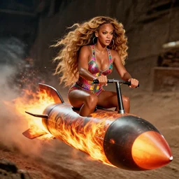 beyonce with a bush head hair style riding a hellfire missile, cinematic framing, cinematic lighting, hdr, gritty, movie still, 4k,  70s psychedelic style