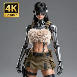 3D render of a masked robotic female assassin wearing a tactical skirt, fantasy artwork, fluffy, exposed midriff, mid-shot, award winning, hyper detailed, very very very beautiful, studio lighting, artstation, unreal engine, unreal 5, 4k, octane renderer
