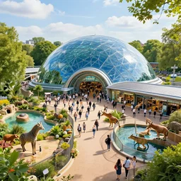 futuristic zoo in london with animal enclosures, giant crowded place with shops, blue glass dome, sunny day, park, trees, water, hyperdetailed, artstation, cgsociety, 8 k