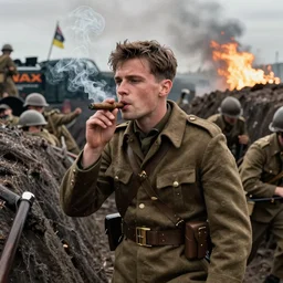 jay baruchel smoking cigar, as world war 1 soldier in the trenches, 4 k hdr imax cinematography by roger deakins, award winning shot, beautiful composition, principal photography, vfx action shot