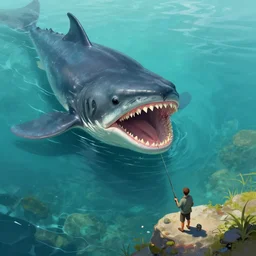 birds eye view of a man fishing in clear waters, thalassophobia, a titanous aquatic beasts peers upwards at a quaint fisherman, fishing directly into the maw of an unknown leviathan, digital painting, monster fish