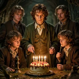 hobbits celebrating bilbo baggins'birthday 4 k, concept art, by wlop, ilya kuvshinov, artgerm, krenz cushart, greg rutkowski, pixiv. cinematic dramatic atmosphere, sharp focus, volumetric lighting, cinematic lighting, studio quality