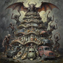 oil painting nightmare macerated epic tiered waving mollusks vehicles bound by bat winged grotesques throwing, cinematic, fine art, ornate masterpiece, hyper detailed by shigeru komatsuzaki