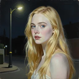 Painting of Elle Fanning under a streetlight at night, long blonde hair, delicate, pale milky white porcelain skin, by Edward Hopper. 8K. Extremely detailed.