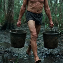 movie still close - up of an skinny old man carrying a bucket walking in a swamp mud, cinestill 8 0 0 t 3 5 mm eastmancolor, heavy grain, high quality, noir, natural textures, photorealistic, ambient occlusion, hd, ultra wide lens, anamorphic