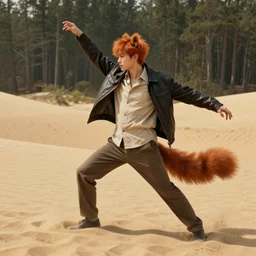 harmony of desert, forest jhope with orange hair and squirrel ears & tail wearing jacket, shirt & pants, amazing composition & dynamic posing, by franz xavier leyendecker, wlop! muted colors, highly detailed, fantasy art by craig mullins, thomas kinkade cfg _ scale 9