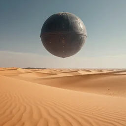 Wide long shot epic desert dune scenery, on the distant horizon hovers a colossal perfectly spherical dark spaceship, ornately detailed, futuristic, sharp focus, illustration, bokeh art by artgerm and donato giancola and Joseph Christian Leyendecker