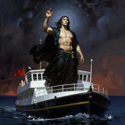 Charon the ferryman of Hades, by Frank Frazetta, dramatic lighting, high contrast colors, panoramic view, as trending on Artstation,