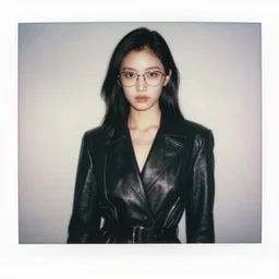 polaroid, youthful asian demure, exquisite features, feminine cut, 2 0 2 0 frontiers in flight leather suit, ray - ban wrap around glasses, terry richardson studio,