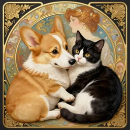 a corgi and a tuxedo cat cuddling, shiny, fantasy, intricate, elegant, hyper detailed, ultra definition, photoreal, artstation, unreal engine rendered, concept art, smooth, sharp focus, illustration, art by artgerm and greg rutkowski and alphonse mucha and garis edelweiss