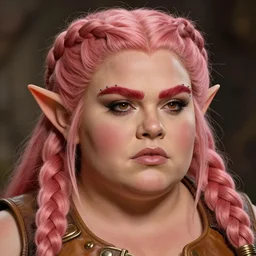 fantasy character portrait photo. female dwarf. short, broad, extremely buff. broad face resembles cara delevingne but very squat. wide face, androgynous but pretty. elaborately braided orangepink hair. long sidebuns, downy cheeks. thick bushy groomed red eyebrows with multiple piercings. tan leather vest, bare bodybuilder shoulders. kohl, lipgloss