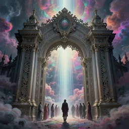 [ palate ] [ nebulous energy ] [ muted neon colors ] intricate giant victorian style gateway to purgatory, souls waiting at the gate, paisley cloud pattern, award winning composition, vibrant neon nebulous clouds, symmetrical details, hyper realistic illustration, radiant light rays, photorealistic illustration, intricate and fine details, volumetric lighting, artstation