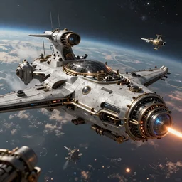 steampunk spaceship, space war, battle, hyper realistic, artistic