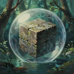 hyperrealist painting of a cube inside a giant transparent bubble from howl's moving castle ( 2 0 0 4 ) in a flooded monument valley stonehenge jungle. moody, misty, depth perception.