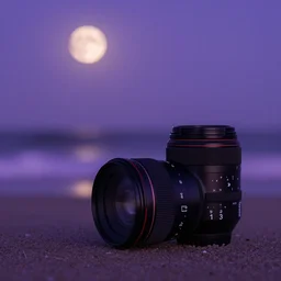 beach with purple water, glowing moon, sigma lens, strong bokeh, photography, highly detailed, 8 5 mm, f / 1. 3, foggy, dramatic lighting, 4 k