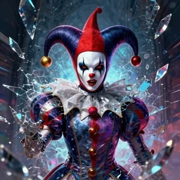 impressive ominous cinematic fine portrait photo of a court jester rigid shattered crystal shard glitch volumetric dynamic fluid simulation lighting impressive masterpiece hyper ultra detailed intricate sharp focus 8 k realistic illustration canon eos r 3 fujifilm x - t 3 0 sony alpha, by james gurney tooth wu artgerm gustave dore colorful!!!, trending on artstation behance cgsociety