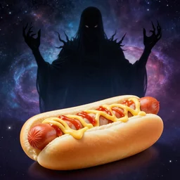 advertisment for a hotdog, with a large eldritch god like black sillouette behind the hotdog, hotdog is 8 k realistic, award winning, galaxy background