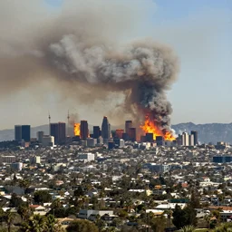 wide view from a hill of los angeles on fire with smoke columns, hyperdetailed, artstation, cgsociety, 8 k