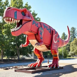 photograph of a tyrannosaurus made of shipping containers, recycled shipping container sculpture