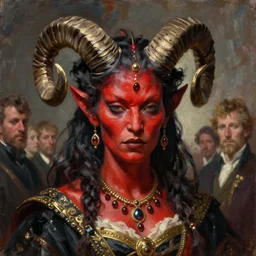 painted close - up portrait of a very attractive red - skinned intimidating demon queen with ram horns! oil painting, wearing a noblewoman's outfit, fantasy art by john singer sargent and gaston bussiere and james jean and greg rutkowski, demon noble character design, hd