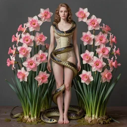 a beautiful white woman, symmetrical portrait, realistic, full body, pink daffodils, snake twist, rich details, by artgerm