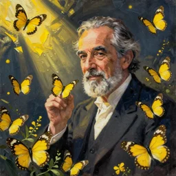 Gabriel García Márquez rodeado de mariposas amarillas, puntillismo, alta resolución