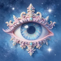 “shape of an eye in an enchanted sky blue milkyway with baroque pastel rococo details, octane render painted by Greg Rutkowski”