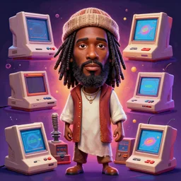stylish caricature 3 d vfx drew struzan movie poster art of an african jesus surrounded by retro gaming consoles, art style by james jean & hsiao - ron cheng, unreal engine render, digital illustration, sharp, intricate detail, volumetric lighting, ray tracing, soft light, neon, claymation style, ernie barnes style, symmetry, acrylic on canvas, pinterest, art
