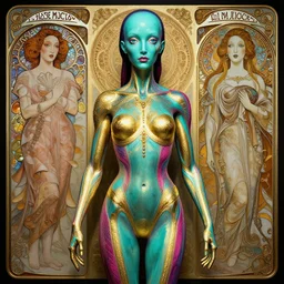 a bright teal magenta gold humanoid, liminal, hyper detailed, intricate, in the style of salvador dali and junji ito and junji ito and wlop and alphonse mucha and guillermo del toro