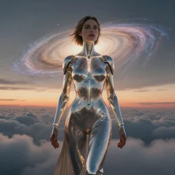 biblical strong beautiful female android, bright glowing veins, in clouds, sunset, accretion disk, fashion posing, portrait, by gerald brom, by mikhail vrubel, by peter elson, muted colors, extreme detail, reflections, trending on artstation, 8 k