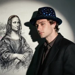 ( thirtytsix years old!!!, quirky, melancholic ) [ [ [ lee evans ] ] ] as [ [ [ tristan thorn ] ] ] ( with a hat ) in stardust ( 2 0 0 7 ), sketch by leonardo da vinci and rembrandt, overcast lighting, high contrast, strong shadows, inspired by robert capa
