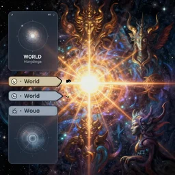 gui for an esoteric program that scans the universe and adjusts the parameters for God, World, and Soul, abstract demonic visuals