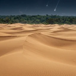 a very beautiful highly - detailed intricate hyper - realistic concept art illustration of sand dunes and in the distance a dense green rainforest with 2 faint distant moons and a meteor shower by santiago vanegas, by ian mcque and philip james de loutherbourg and karl eduard biermann, deviantart : 1. 4 0 sweeping cinematic view, chiaroscuro landscape, 2 4 mm lens, f 1 6, landscape, trending on artstation, 4 k resolution, sharp focus, photo - realistic, rule of thirds, intricate, detailed : 1