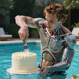 Pete Davidson icing a cake at the pool, biomechanical fluid, dramatic lighting, hyperrealistic, ultrarealistic, intricate details, 4k, unreal 5, digital art