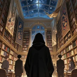 thief stealing image prompt ideas in a library with walls and glass ceilings showing the stars and hanging silk drapery and tapestries, light dust, magnificent, close up, details, sharp focus, elegant, highly detailed, illustration, by Jordan Grimmer and greg rutkowski and PiNe(パイネ) and 薯子Imoko and 香川悠作 and wlop and maya takamura, intricate, beautiful, Trending artstation, pixiv, digital Art