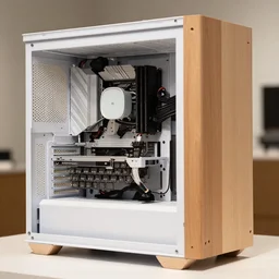 realistic photo of a computer casemod, model equipment gadget, made of wood, white clay and black wires, natural colors, metropolitan museum collection, moma, pinterest