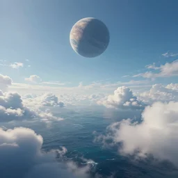 beautiful matte painting of a dreamy ocean with clouds, sci - fi, daylight, blue sky, cinematic lighting, cinematic perspective, black hole planet above, syd mead, john harris, federico pelat, detailed, 4 k, hd