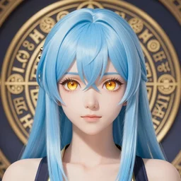 rimuru tempest from tensura on the da vinci mayan calendar, with amber eyes of golden colored eyes, straight hair, sky blue hair, long bangs, high collar, concept art, award winning photography, digital painting, cinematic, wlop, 8 k, by ross tran, tom bagshaw, andy warhol
