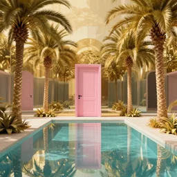 scifi indoor liminal space, golden light, greg rutkowski, palm trees, pink door, minimalistic, hyperrealistic surrealism, award winning masterpiece with incredible details, epic stunning, infinity pool mirrors, a surreal vaporwave liminal space with mirrors, highly detailed, trending on artstation, artgerm and greg rutkowski and alphonse mucha, daily deviation