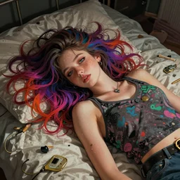 a stylish girl with freckles and wild colorful hair lays on a bed of a messy bedroom | | fine detail!! anime!! realistic shaded lighting!!, directional lighting 2 d poster by ilya kuvshinov, magali villeneuve, artgerm, jeremy lipkin and michael garmash and rob rey