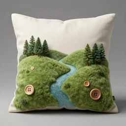 pillow world, hills are pillows, trees are wool, rivers are buttons, an award winning artwork, realistic, high quality, professional, raytracing effects