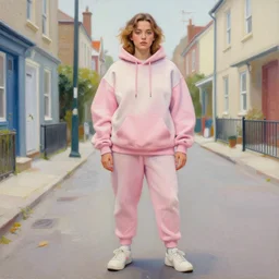 sydney sweeney in the style of martine johanna and david choe, wearing a hoodie, standing in a township street, street fashion outfit,!! haute couture!!, full figure painting by martine johanna, artgerm, ismail inceoglu, pastel color palette, sharp focus, detailed impasto, intricate, elegant, 2 4 mm lens