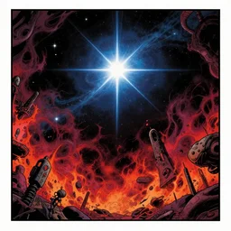 a picture of a star burst in the night sky, a comic book panel by michael deforge, polycount, generative art, hellish background, greeble, aftereffects